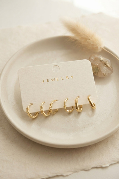 Lisinya Brass Gold Color Zircon Stone Hoop Model 6-Piece Women's Earring Set -