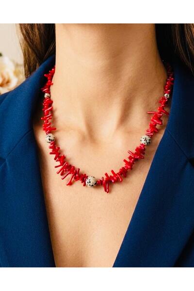 DEVİ fashion Dal Coral and Jasper Natural Stone Necklace 45 cm