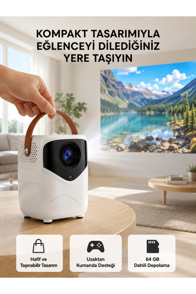 S moda Mini Akıllı Projektör – 1080P Full HD, 64GB Depolama, 2GB RAM, Uzaktan Kumanda Destekli Yeni Nesil