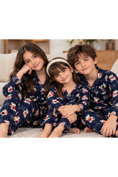 KOKOŞ BEBEK Girls' and Boys' Suede Pajama Set with Teddy Bear Pattern, Long S...