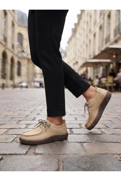 Diva Ayakkabı Beige Nubuck Leather Lace-Up Women's Casual Shoes