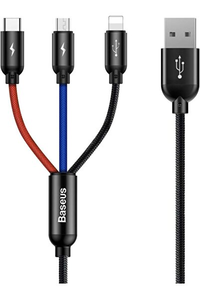 3 in 1, Lightning için Şarj & Data Aktarım, Micro USB & USB-C için Şarj Kablosu, 0.3 Metre, Siyah