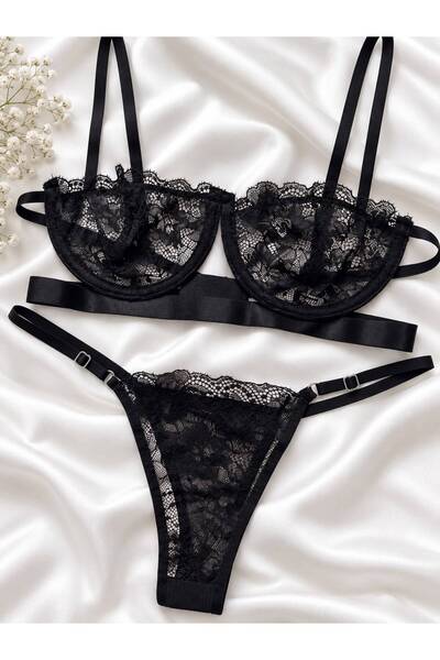 BLUE AVCI LINGERIE Siyah Dantel Detaylı Balenli Sütyen Tanga Takımı