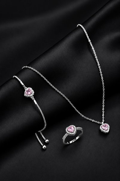 TREND COLLECTİON Zirkon Taşlı Kalp Charm Model Gümüş Renk Kadın Kolye Bilekli...