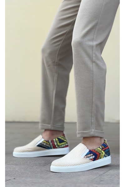 BOA Ba0339 Laceless Linen Cream Colored Patterned White Sole Casual Men's Shoes