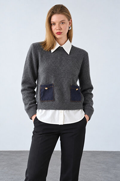 Lupies Women's Anthracite Shirt with Pocket Detail Knit Sweater