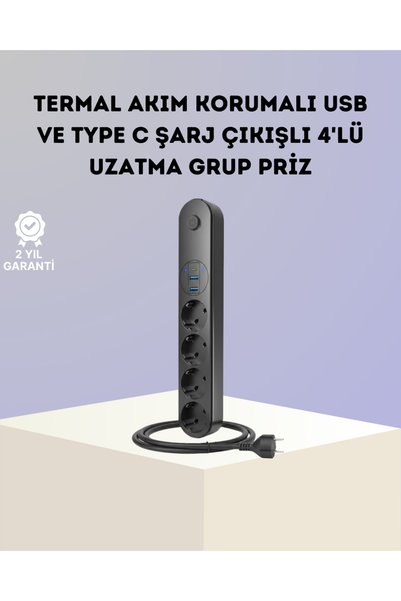 la boom Akım Korumalı Çoklu Priz 4’Lü 2 Usb 1 Type-C 2500W Güçlü Tasarım