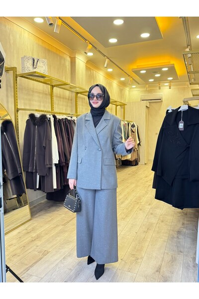 Nuss 1061 Taş Baskılı Ceket Takım Gri
