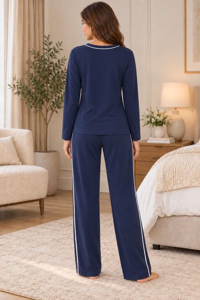 LILAC طقم بيجامة نسائي 100% قطن أبيض بدون جيوب وأكمام طويلة باللون الأزرق الداكن