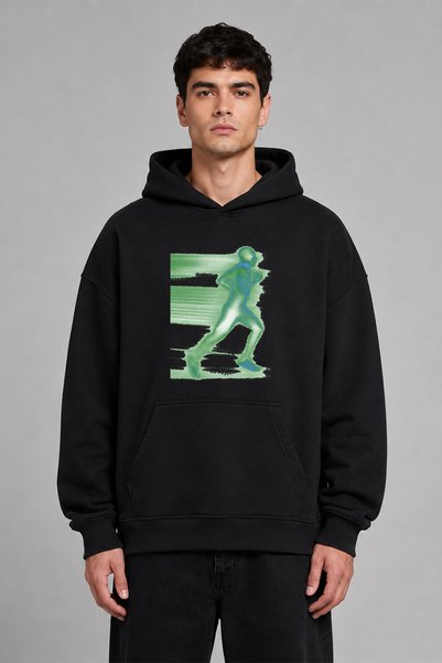 VSRN Green Runner Design Front Printed Oversize Black Hooded Sweatshirt