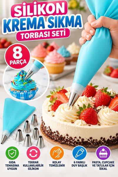 OpenCity 8 Parça Silikon Krema Sıkma Torbası Seti 6 Metal Duy Başlıklı Pasta ...