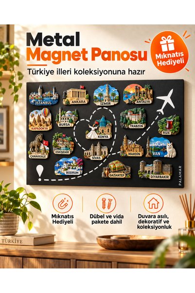Zeva Tasarım Sazkışla MIKNATIS HEDİYELİ Siyah Metal Magnet Panosu 50x70 cm - Gezginlere Özel Kalp Uçak Rotalı Duvar Dekoru