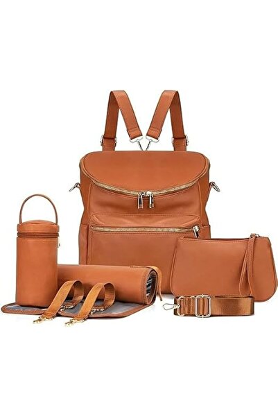 Generic Leather Diaper Bag Backpack Set, 5 Pieces with Bottle Holder, Changin...