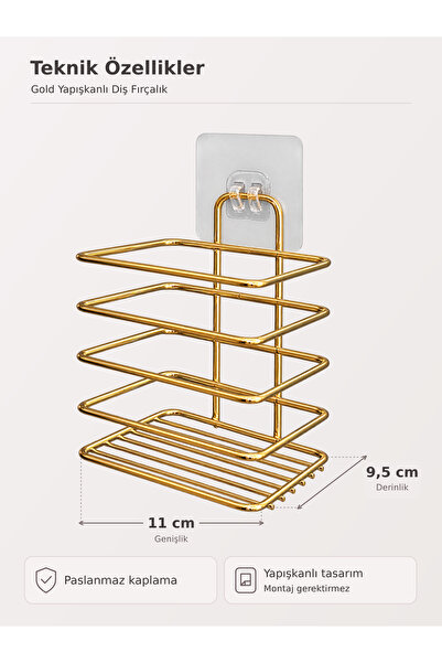 mba decor metal bending art Niva Model Gold Yapışkanlı Diş Fırçalık Banyo Organizer 11x9,5x14 cm