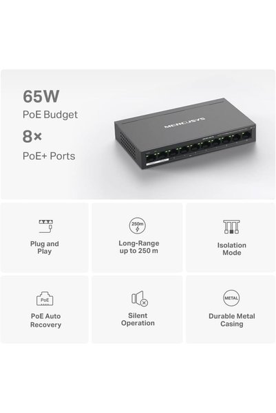 ART3 MS110P, 10-Port 10/100Mbps Desktop Switch with 8-Port PoE+