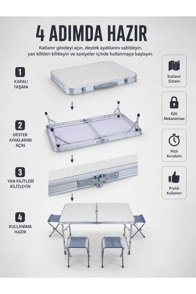 AyPenye Valiz Tipi Katlanabilir Piknik Masası 4 Tabureli Taşınabilir Kamp Masası