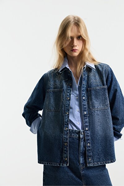 LEFTIES KADIN Denim süet ve zımba detaylı gömlek