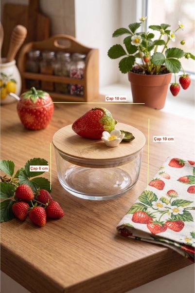 Kare Home Vacuum Sealed 2-Piece Glass Storage Container with Bamboo Lid [Strawberry Detail]
