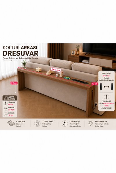 TrMuko Café Royale Vintage & USB-Tech Konsol Raf - 3 USB + 4 Priz Girişli MDF...