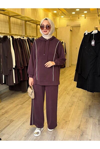 Nuss 1051 Gümüş Şerit Detaylı Pantolonlu Takım Mürdüm