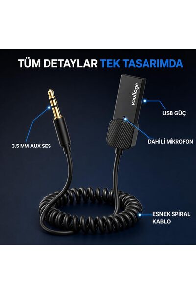 ART3 Bluetooth 5.4 Araç AUX Adaptörü, 3.5 mm Jack Araç Ses Kiti