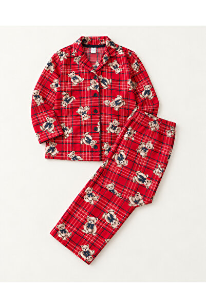 KOKOŞ BEBEK Girls' and Boys' Suede Pajama Set with Teddy Bear Pattern, Long Sleeve Top and Bottom Set - Ages 5/14 - 31945