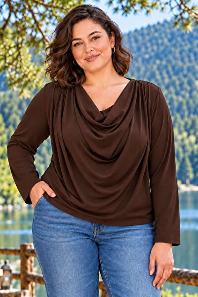 tarzımsüper Plus Size Women's Degaje Collar Stylish Casual Long Sleeve Blouse