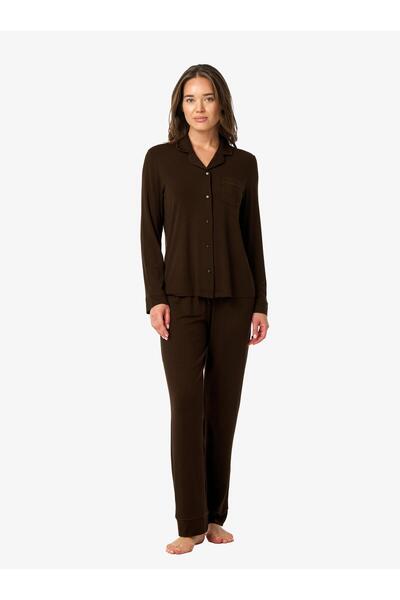 Blackspade Kadın Uzun Kol Önden Düğmeli Kahve Pijama Takımı C4T2N225