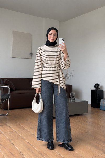 She Olive Striped Asymmetrical Waist-Tied Tunic