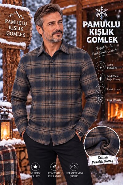 EREN STYLE Flannel Winter Cotton Covered Button Collar Shirt with Pockets (Re...