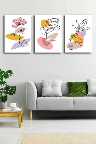 StellaStore Tropikal Soyut Çiçekler Modern Minimal Kanvas Tablosu 3'lü Canvas Tablo Seti