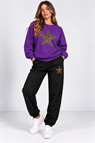 x-compass life Women's Oversize Leopard Star Printed Tracksuit Set – Winter S...