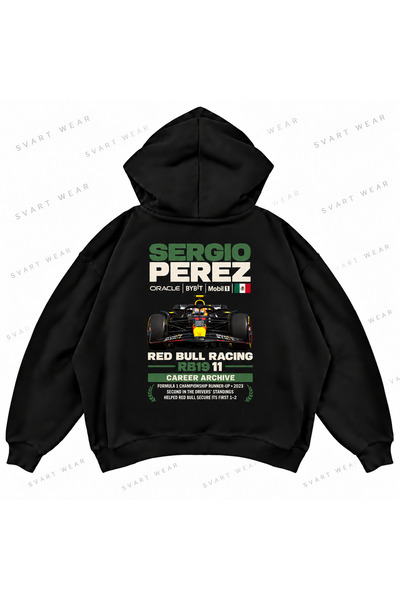 SVART WEAR هودي كبير الحجم مطبوع من الأمام والخلف من سيرجيو بيريز F1
