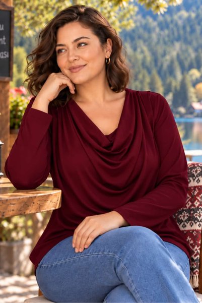 tarzımsüper Plus Size Women's Degaje Collar Stylish Casual Long Sleeve Blouse