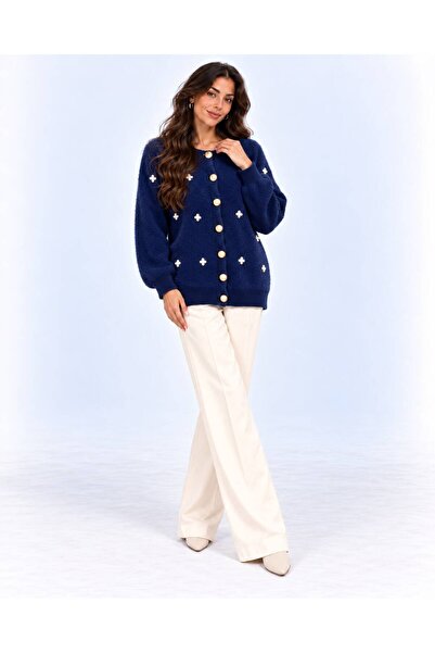 Sfg Life Moda Women's Pearl Detailed Buttoned Crew Neck Long Fleece Knitwear ...