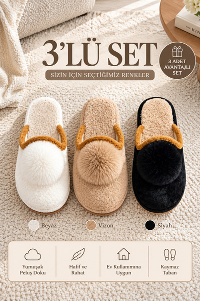 Beyond Women's 3-Piece White Mink Black Pompom Detailed Plush 3 cm Winter Hou...