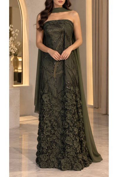 ELORA FASHION فستان سهرة زيتي بتطريز لامع وورود بارزة