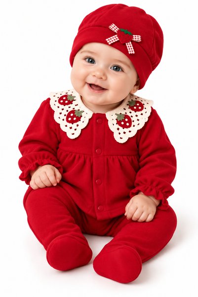 LİLİYUM Baby Girl 0-3 Months 100% Cotton Strawberry Patterned Collared Long Sleeve Hospital Release Set of 5 Hat Bib Gloves Booties Top and Bottom