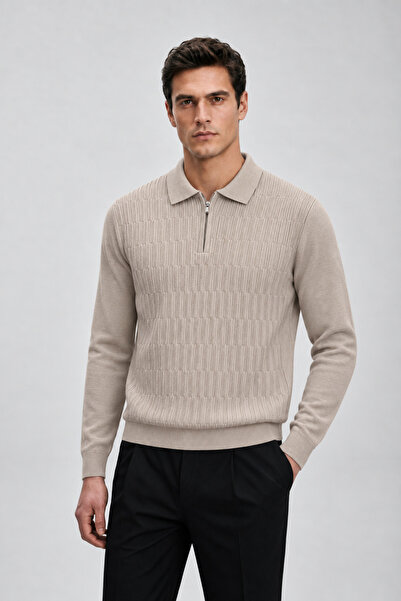 Maccali Men's Textured Comfortable Fit Thick Beige Knit Sweater