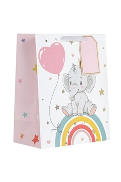 OEM Sacosa Cadou din Hartie Alba Elefant Curcubeu Inima Roz Folie Aurie 26x14...