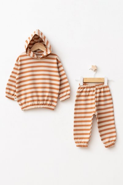 lilico %100 Pamuklu Unisex Oversize Rahat Kalıp Beli ve Paçası Lastikli Çizgili Sırt Baskılı Kapüşonlu Çocuk Eşofman Takımı