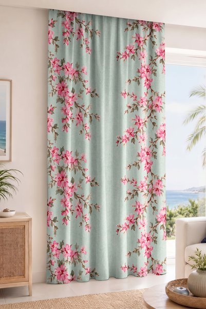 Realhomes Pink Floral Branches Mint Background Digital Printed Single Winged Background Curtain (with Cushion Cover)
