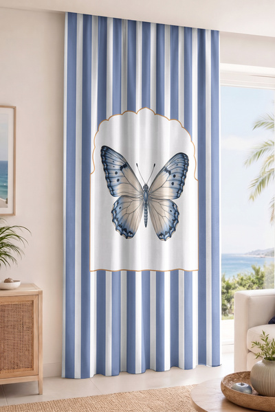 Realhomes Butterfly Striped Digital Printed Single Wing Background Curtain (w...