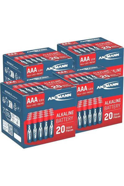 ANSMANN بطارية قلوية طويلة العمر من نوع AAA LR03 - حمراء (4 عبوات من 20 قطعة)