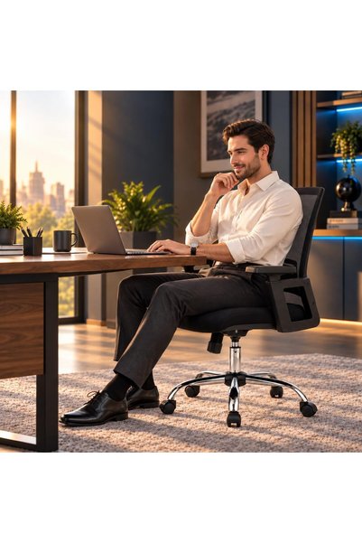 THE RED CREW Comfy-M Ergonomic Mesh Office Visitor Chair, Adjustable Lumbar Support, Height-Adjustable Armrests, Padded Seat, Chrome Cantilever Base, Black, Home Office & Meeting Room
