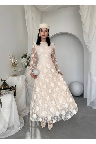 Ayzde Fashion Kadın Dantel Gül İşlemeli Uzun Elbise Çiçek Desenli Şık Abiye E...