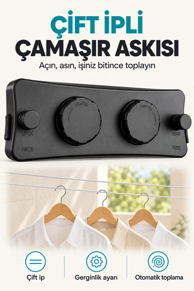 indirimsevinci Çift İpli Geri Toplanabilir Duvar Tipi Çamaşır Askılığı 20 Kg Ayarlanabilir Gerginlik
