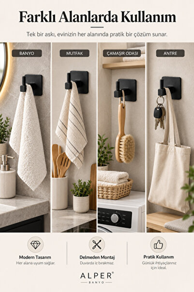 Alper Banyo Jasmin Siyah Kare Model Yapışkanlı Tekli Banyo Mutfak Havlu Lif A...