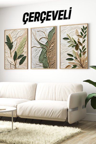 kutuTR Çerçeveli 3’lü MDF UV Baskılı Yaprak Desenli Dekoratif Duvar Tablosu S...