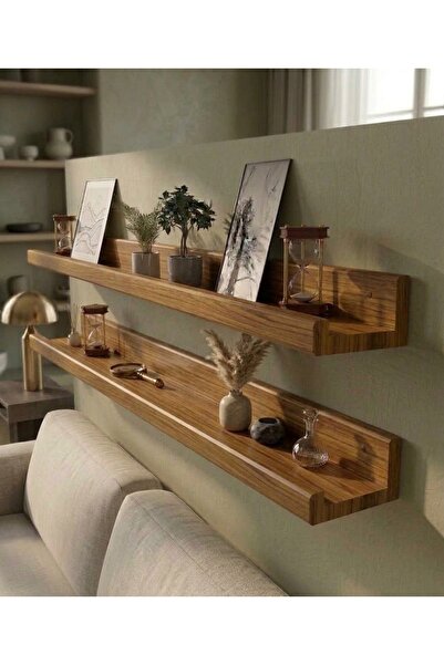 Mutowood 100 cm 2'li Çam Ahşap (BURMA RENGİ) Resim Çerçeve Rafı Duvar Rafı Ki...